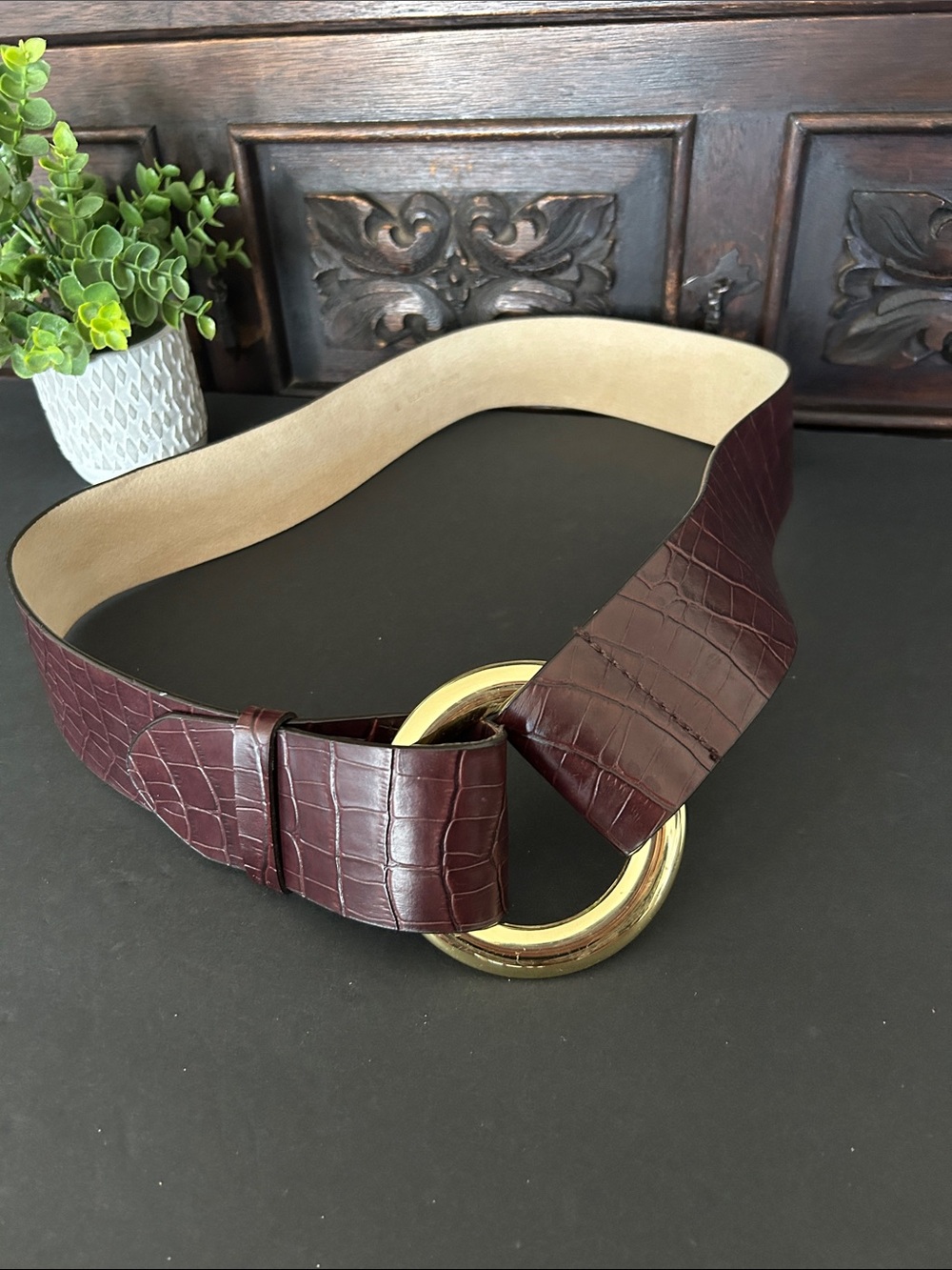 Wide Croc-Embossed Burgundy Stretch Belt with Gold Ring